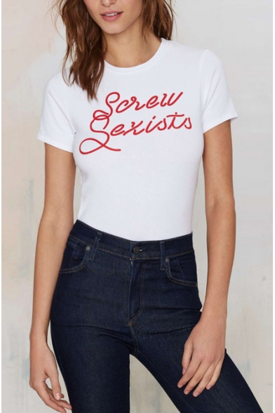 Letter Print Short Sleeve White Cropped Round Neck Tee