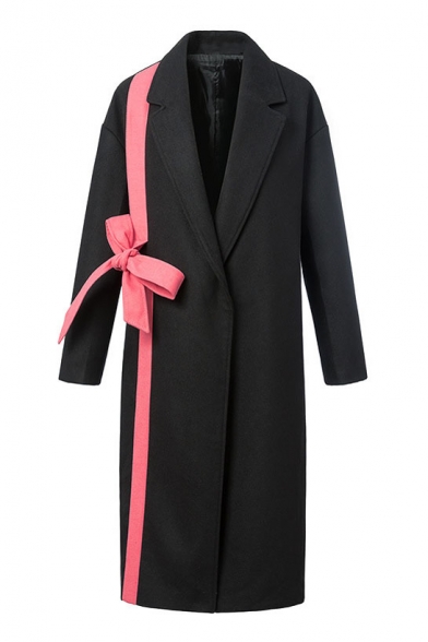 Notched Lapel Bow Detail Color Block Tweed Long Coat
