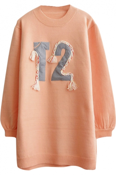 Number Patchwork Round Neck Long Sleeve Longline Sweater