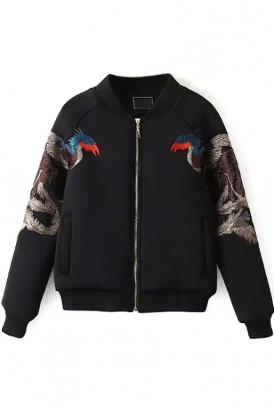 Phoenix Embroidery Zipper Black Stand Up Neck Jacket