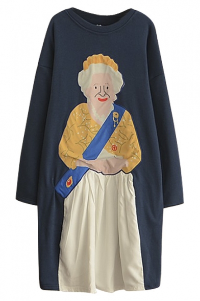 Queen Print Long Sleeve Navy Velvet Plus Maxi Sweatshirt Dress