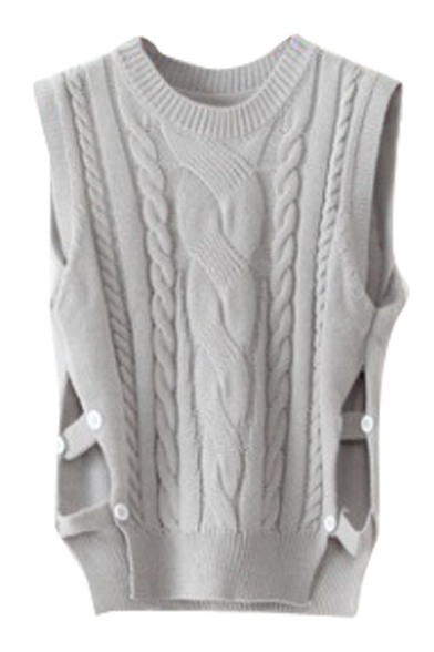 Round Neck Sleeveless Plain Cable Knit Split Side Button Detail Sweater