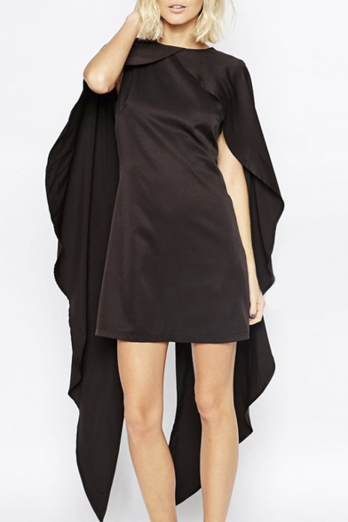 Cloak Cape Sleeve Black Plain Round Neck Plain Mini Dress