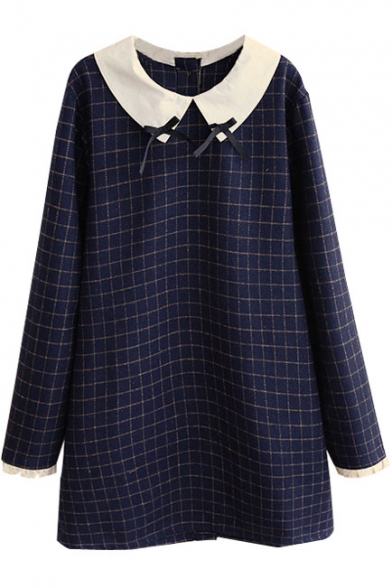 Doll Neck Bow Detail Plaid Tweed Long Sleeve Lace Patchwork Dress
