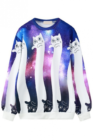 Galaxy & Cat Print Round Neck Long Sleeve Loose Sweatshirt