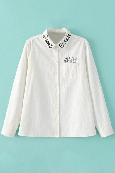 Letter Embroidery Lapel Long Sleeve Single Pocket Shirt