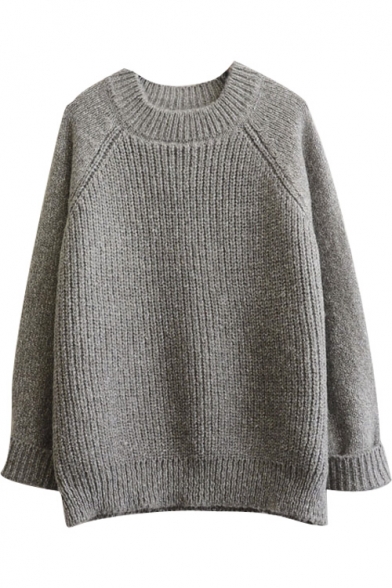 Round Neck Raglan Long Sleeve Plain Pullover Sweater