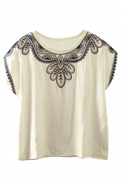 Round Neck Tribal Embroidery Batwing Short Sleeve Blouse