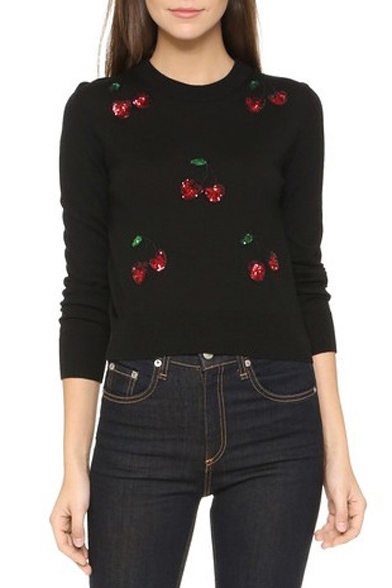 Black Long Sleeve Sequined Cherry Patterned Sweatshirt