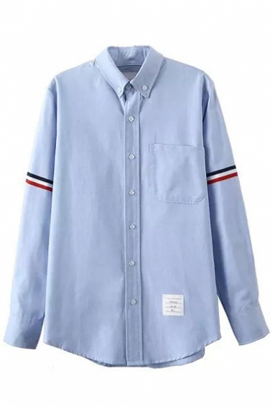 Button Down Colored Stripe Trims Single Pocket Shirt