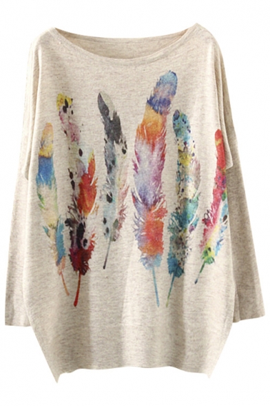Colorful Feather Print Scoop Neck Batwing Sleeve Sweater
