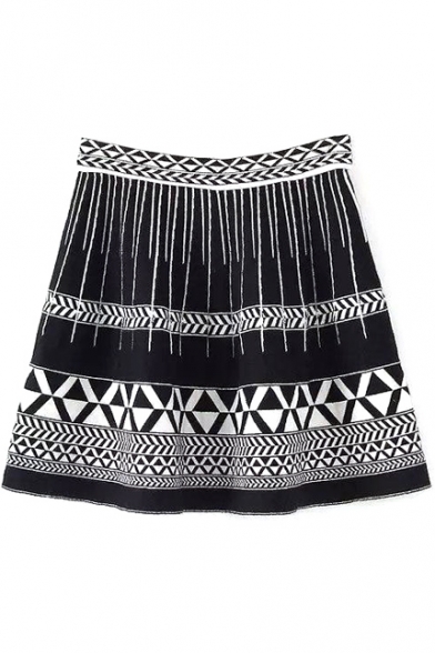 High Waist Geometric Jacquard Color Block Knit Mini Skirt