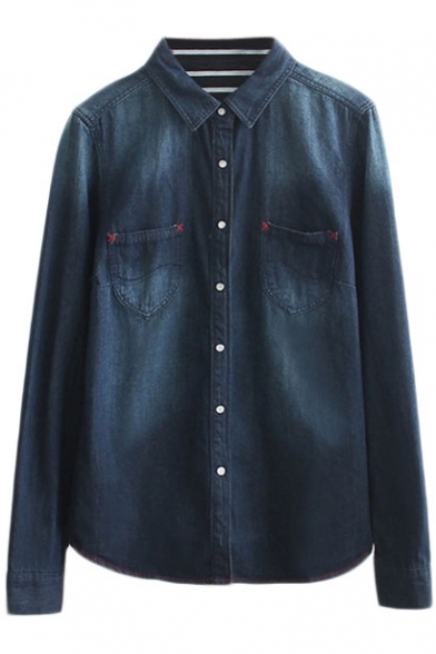 Lapel Double Pockets Dark Blue Washed Long Sleeve Denim Shirt