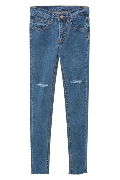 Mid Waist Cutout Stretch Plain Tapered Skinny Jeans