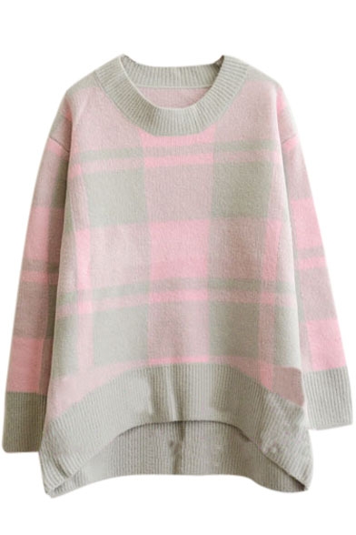 Round Neck Color Block Plaid Mohair Dip Hem Sweater