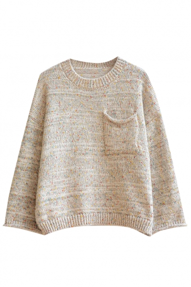 Round Neck Single Pocket Long Sleeve Plain Sweater