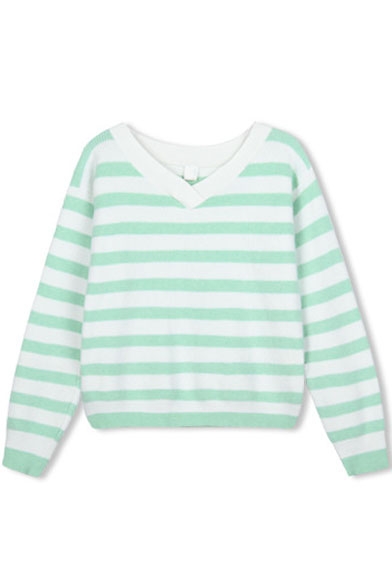 V-Neck Long Sleeve Stripes Color Block Sweater