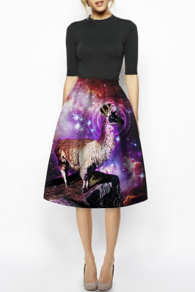 Antelope Queen & Galaxy Print A-Line Midi Skirt