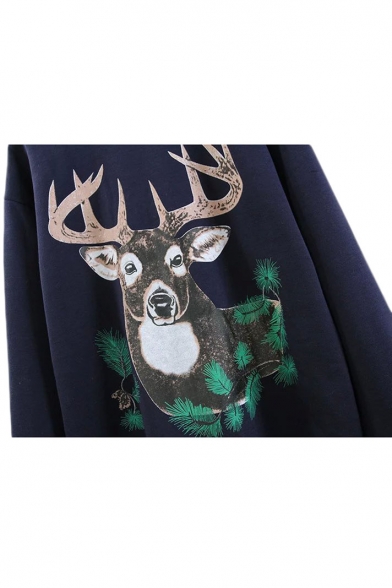 Cute Deer Print Round Neck Fleece Long Sleeve Sweatshirt