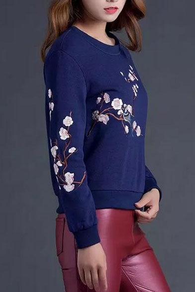 Floral & Bird Embroidery Long Sleeve Sweatshirt