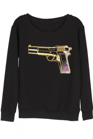 Gun Print Round Neck Long Sleeve Pullover Sweatshirt