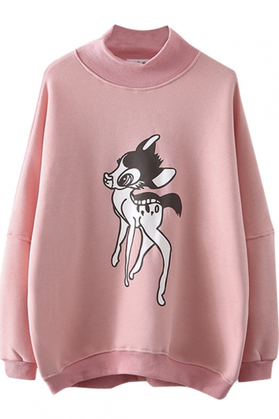 High Neck Little Deer Print Cartoon Long Sleeve Sweatshirt