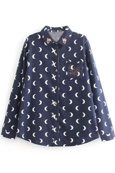 Owl Embroidery Lapel Moon Print Long Sleeve Button Down Shirt