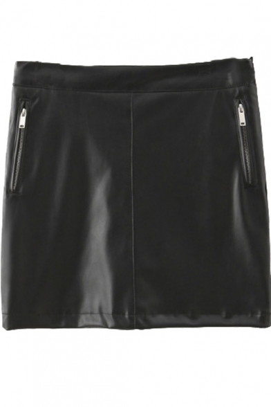 Plain Zipper Pockets Both Side Bodycon PU Mini Skirt