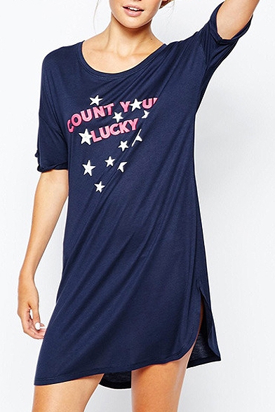 Round Neck Letter & Star Print Half Sleeve T-Shirt Dress