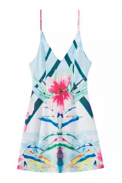 V-Neck Straps Floral Print A-Line Mini Dress