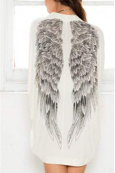 Wing Print Back Batwing Long Sleeve White Open Front Coat