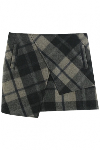Asymmetrical Hem Zip Side Plaid Bodycon Tweed Mini Skirt
