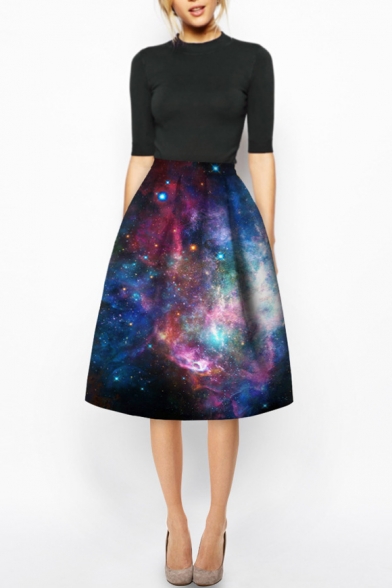 Black Galaxy Print High Waist A-Line Midi Skirt