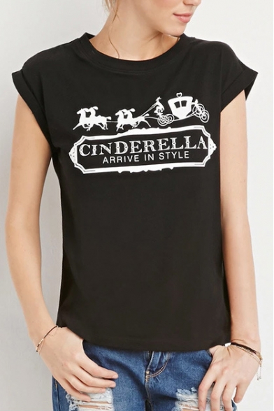 Carriage & Letter Print Round Neck Short Sleeve Black Tee