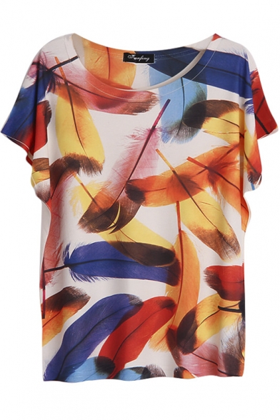 Colorful Leather Print Batwing Sleeve Round Neck Tee