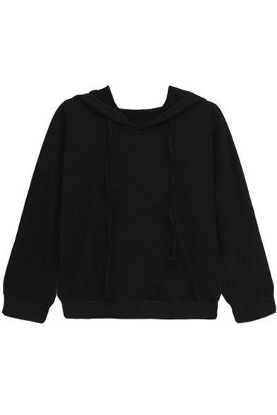 Drawstring Hooded Plain 3/4 Length Sleeve Sweatshirt