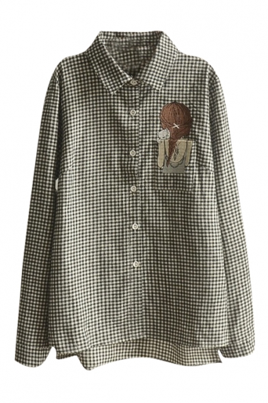 Plaid Little Girl Embroidery Plaid Single Pocket Shirt