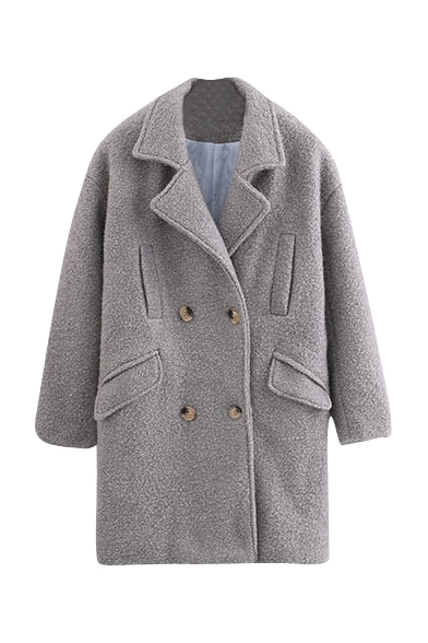 Plain Notched Lapel Double Breasted Pockets Long Tweed Coat