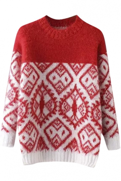 Round Neck Geometric Color Block Long Sleeve Sweater