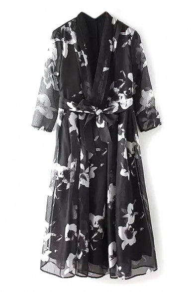 V-Neck Ink Floral Print 3/4 Length Sleeve Black Organza Dress with Belt