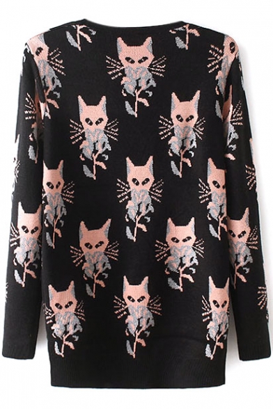 Black Cute Cat Jacquard Round Neck Long Sleeve Sweater - Beautifulhalo.com