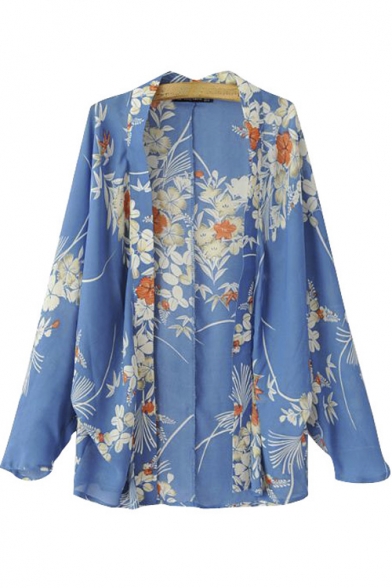 Blue Floral Print Cocoon Neck Longline Kimono