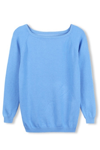 Boat Neck Plain Long Sleeve Pullover Sweater