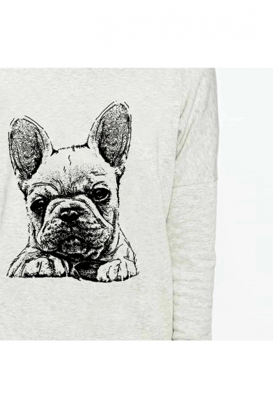 Cute Bulldog Print Round Neck Long Sleeve Gray Sweatshirt