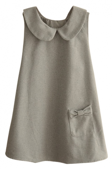 Doll Collar Plain Sleeveless Bow Detail Pockets Button Back Dress