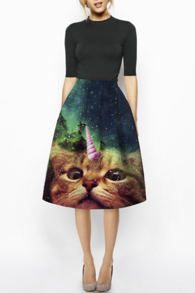 Funny Cat & Galaxy Print A-Line Green High Waist Skirt