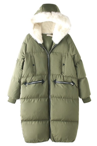 Fur Hooded Zipper Long Loose Plain Green Padded Coat