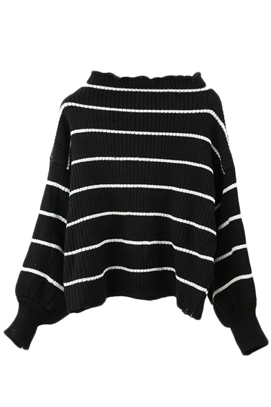 High Neck Stripes Balloon Long Sleeve Pullover Sweater