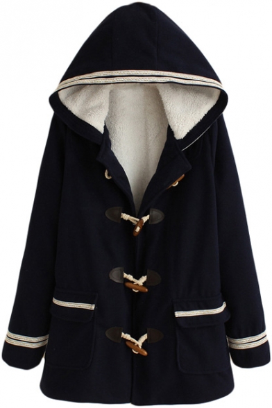 Hooded Horn Button Wool Lining Stripe Patchwork Tweed Coat