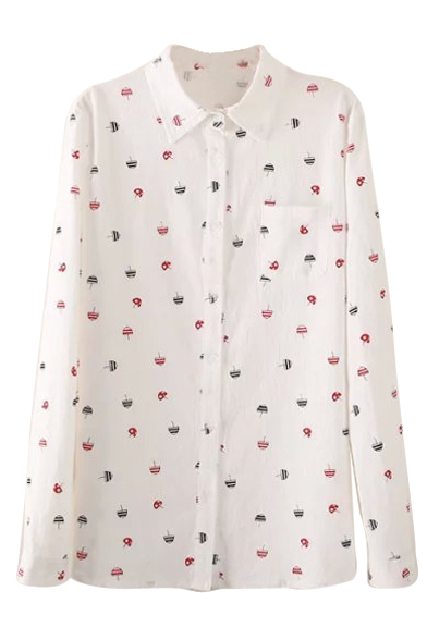 Lapel Button Down Repeated Colorful Umbrella Print Pocket Shirt